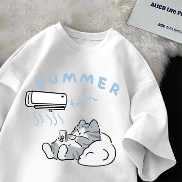 The KittyNook Cat Co. Cute Cat Print T-shirt features a cat on the phone under AC with “SUMMER” on ultra-soft fabric.